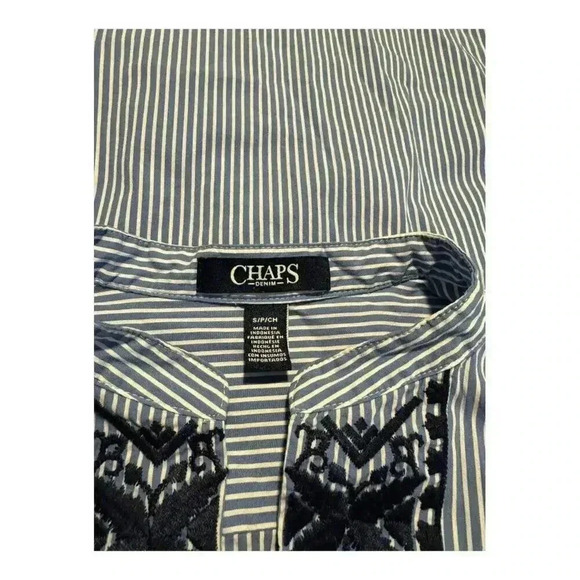 Chaps Women’s Small Blue & White Striped Embroidered Long Sleeved V-Neck Top - Picture 3 of 6